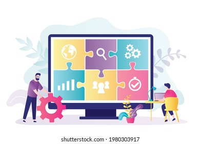 Outsourcer transfers responsibilities and affairs to other companies. Big puzzle on computer screen. Concept of outsourcing and teamwork. Project delegation and business strategy. Vector illustration