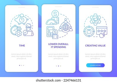 La subcontratación de TI ofrece ventajas de la pantalla de aplicación móvil con gradiente azul. Recorrido 3 pasos instrucciones gráficas con conceptos lineales. UI, UX, plantilla GUI. Multitud de tipos de letra Pro-Bold, con uso regular