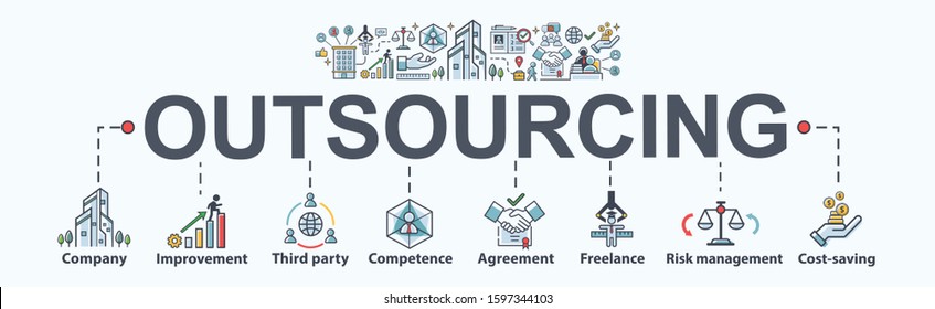 Outsourcing Banner Web Icon For Business Working And Company, Improvement, Third Party, Competence, Freelance, Risk Management And Cost Saving. Minimal Vector Infographic.