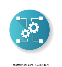 Externalización del diseño azul plano de la sombra de un icono de glifo largo. Sistema de fabricación, industria. Transferir empleados y activos de producción, la cooperación de las empresas. Ilustración de color RGB de silueta