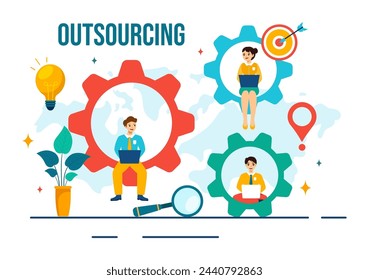 Outsourcing Business Vektor-Illustration mit Idee der Teamarbeit, Unternehmensentwicklung, Investition und Projektdelegierung in Flat Cartoon Hintergrund