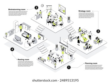 Outsourcing company 3d isometric concept in outline design for web. People working in isometry rooms in office with planning, strategy, brainstorming departments, resting area. Vector illustration.