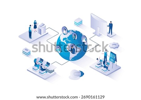 Outsourcing company 3d isometric concept with isometry people design for web. Employees working remotely from home in international company, doing tasks and communicating online. Vector illustration.