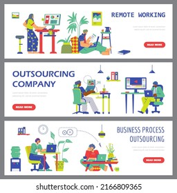 Outsourcing company banners set, people working remotely, flat vector illustration. Business process with diverse employees working in teamwork. Cartoon characters in the office.