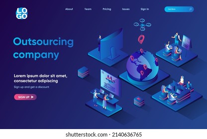 Outsourcing company concept 3d isometric web landing page. People work remotely from home in international company, perform tasks and communicate online. Vector illustration for web template design