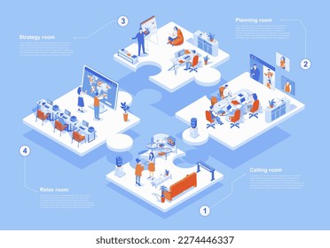 Outsourcing company concept 3d isometric web scene with infographic. People working in international company with global management and online teamwork. Vector illustration in isometry graphic design