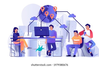 Outsourcing company concept in flat design. Remote workers work together on project scene template. Company with remote management, freelance job. Vector illustration of people characters activities