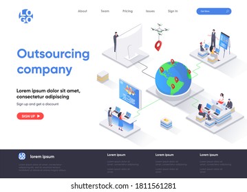 Outsourcing company isometric landing page. Remote workforce and freelancers recruiting isometry concept. Outsourcing software development service web page. Vector illustration with people characters.