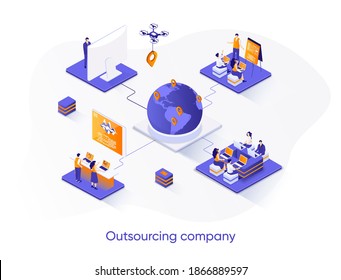 Outsourcing company isometric web banner. Remote workforce and freelancers recruiting isometry concept. Outsourcing software development 3d scene design. Vector illustration with people characters.