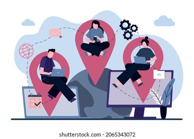 Outsourcing company with people. Idea of teamwork and project delegation. Company development and business strategy. Developers team working scene. Software outsource composition. Vector illustration
