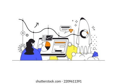 Outsourcing company web concept in flat outline design with character. Woman working remotely in international company. Freelancer doing tasks online at startup, people scene. Vector illustration.