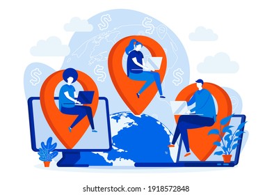 Outsourcing Company Web Design Concept With People Characters. Developers Team Working Scene. Software Outsourcing Composition In Flat Style. Vector Illustration For Social Media Promotional Materials