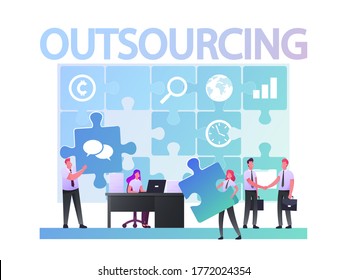 Outsourcing Concept. Businesspeople Working at Huge Puzzle Put Pieces into empty Holes. Business men Characters Shaking Hands. Company Use Outsourced Employees. Cartoon People Vector Illustration