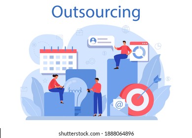 Outsourcing-Konzept. Idee von Teamarbeit und Projektdelegation. Unternehmensentwicklung und Geschäftsstrategie. Vektorgrafik im Cartographie-Stil