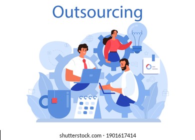 Outsourcing Concept. Idea Of Teamwork And Project Delegation. Company Development And Business Strategy. Vector Illustration In Cartoon Style