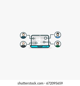 Outsourcing concept. Open laptop with web site and icons with human faces, avatars. Working on same project using web technologies and outsource work to other people. Internet job and managing.