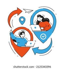 Outsourcing concept. People freelancer working remotely data online exchange, teamwork and project delegation vector flat illustration. Distance global partnership and cooperation, internet meeting