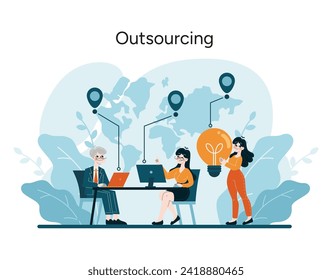 Outsourcing concept. Professionals allocate responsibilities for greater efficiency. Leveraging global talent for cost-effective solutions and innovative business practices. Flat vector illustration