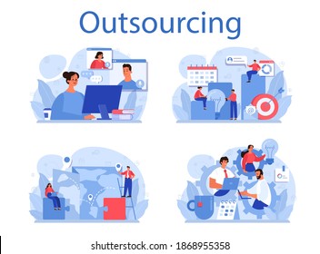 Outsourcing concept set. Idea of teamwork and project delegation. Company development and business strategy. Vector illustration in cartoon style