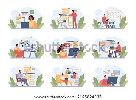 Outsourcing concept set. Telework and project delegation, employee work from home or globaly. Digital nomad idea. Flat vector illustration