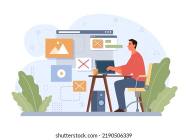 Concepto de externalización. Delegación de teletrabajo y proyectos, trabajo de empleados desde casa o globalmente. Idea nómada digital. Ilustración vectorial plana