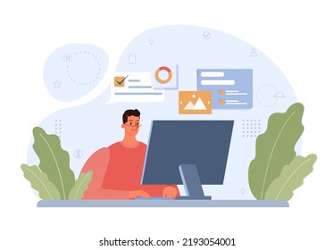 Outsourcing-Konzept. Telearbeit und Projektdelegation, Mitarbeiterarbeit von zu Hause oder weltweit. Digitale Nomadentidee. Flache Vektorgrafik