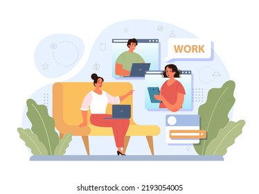 Outsourcing concept. Telework and project delegation, employee work from home or globaly. Digital nomad idea. Flat vector illustration