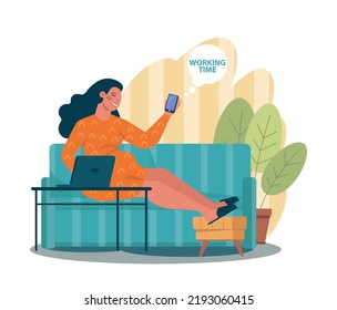 Concepto de externalización. Delegación de teletrabajo y proyectos, trabajo de empleados desde casa o globalmente. Idea nómada digital. Ilustración vectorial plana