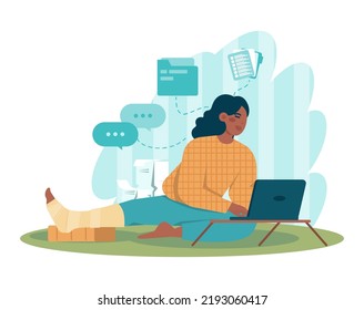 Concepto de externalización. Delegación de teletrabajo y proyectos, trabajo de empleados desde casa o globalmente. Idea nómada digital. Ilustración vectorial plana