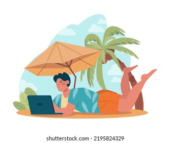 Outsourcing-Konzept. Telearbeit und Projektdelegation, Mitarbeiterarbeit von zu Hause oder weltweit. Digitale Nomadentidee. Flache Vektorgrafik