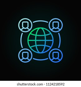 Outsourcing concept vector colorful icon with earth and people in thin line style on dark background