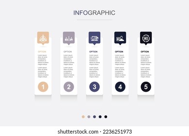 Outsourcing, estrategia de contenido, contenido digital, creador de contenido, iconos de optimización de contenido Plantilla de diseño infográfico. Concepto creativo con 5 pasos