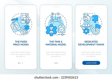 Outsourcing contracts types blue onboarding mobile app screen. Walkthrough 3 steps editable graphic instructions with linear concepts. UI, UX, GUI template. Myriad Pro-Bold, Regular fonts used