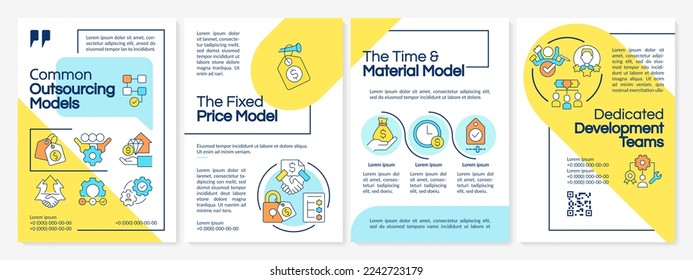 Outsourcing contracts types blue and yellow brochure template. Leaflet design with linear icons. Editable 4 vector layouts for presentation, annual reports. Questrial, Lato-Regular fonts used