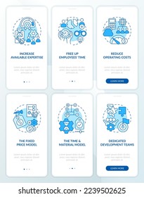 Outsourcing employees blue onboarding mobile app screen set. Walkthrough 3 steps editable graphic instructions with linear concepts. UI, UX, GUI template. Myriad Pro-Bold, Regular fonts used