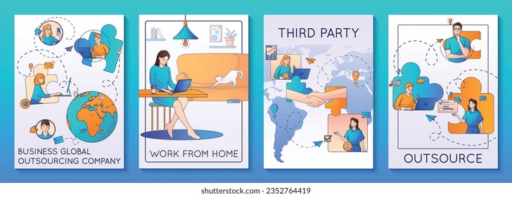 Outsourcing flat posters illustrating third party and work from home in global company isolated vector illustration
