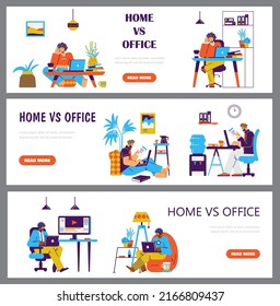 Outsourcing and freelance occupation benefits vs office work. Banners or web headers set for outsourcing and freelance remote work, flat vector illustration.