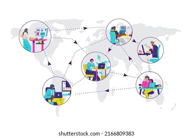 Outsourcing global services of people working remotely worldwide, flat cartoon vector illustration isolated on white background. Outsource or foreign job supplier.