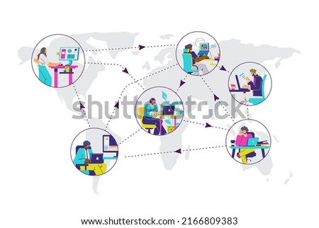 Outsourcing global services of people working remotely worldwide, flat cartoon vector illustration isolated on white background. Outsource or foreign job supplier.
