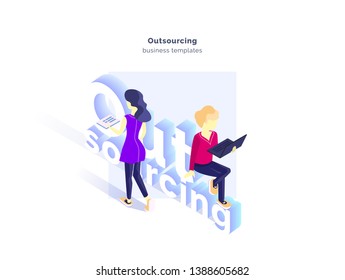 Outsourcing. A group of specialists working on a project. Outsourcing service. Outsourcing specialists. Modern vector illustration isometric style. Isolated