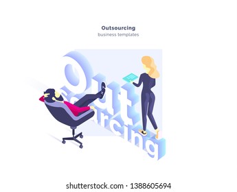 Outsourcing. A group of specialists working on a project. Outsourcing service. Outsourcing specialists. Modern vector illustration isometric style. Isolated