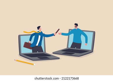 Outsourcing hiring outside worker to perform service, pass or transfer work to other team, remote work or telework concept, businessman boss pass or relay baton to outsource team to work remotely.