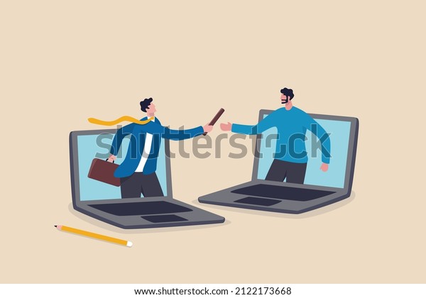 Outsourcing hiring outside worker to perform\
service, pass or transfer work to other team, remote work or\
telework concept, businessman boss pass or relay baton to outsource\
team to work\
remotely.