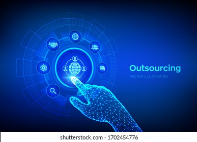 Outsourcing and HR. Social network and global recruitment. Global Recruitment Business and internet concept on virtual screen. Robotic hand touching digital interface. Vector illustration.