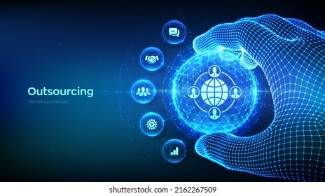 Outsourcing and HR. Social network and global recruitment concept on blue background. Global Recruitment Business in the shape of polygonal sphere in wireframe hand. Vector illustration.