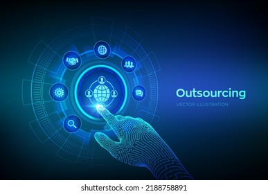 Outsourcing und HR. Soziales Netzwerk und globale Rekrutierung. Global Recruitment Business und Internet-Konzept auf virtuellem Bildschirm. Roboterhand berührt digitale Schnittstelle. Vektorgrafik.