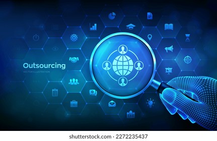 Outsourcing and HR. Social network and global recruitment. Global Recruitment. Human Resources management. Business technology concept with magnifier in wireframe hand and icons. Vector illustration.