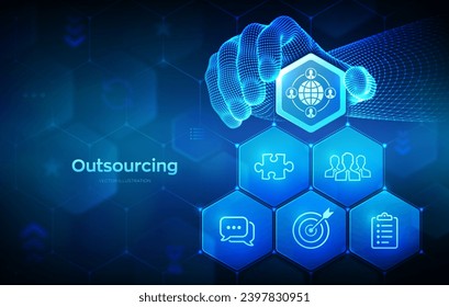 Outsourcing and HR. Social network and global recruitment. Global Recruitment Business concept. Wireframe hand places an element into a composition visualizing Outsourcing. Vector illustration.