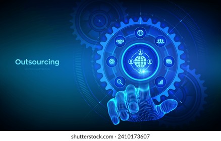 Outsourcing and HR. Social network and global recruitment. Global Recruitment Business concept. Wireframe hand touching digital interface with connected gears cogs and icons. Vector illustration.