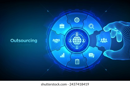 Outsourcing and HR. Social network and global recruitment. Global Recruitment Business concept. Wireframe hand places an element into a composition visualizing Outsourcing. Vector illustration.